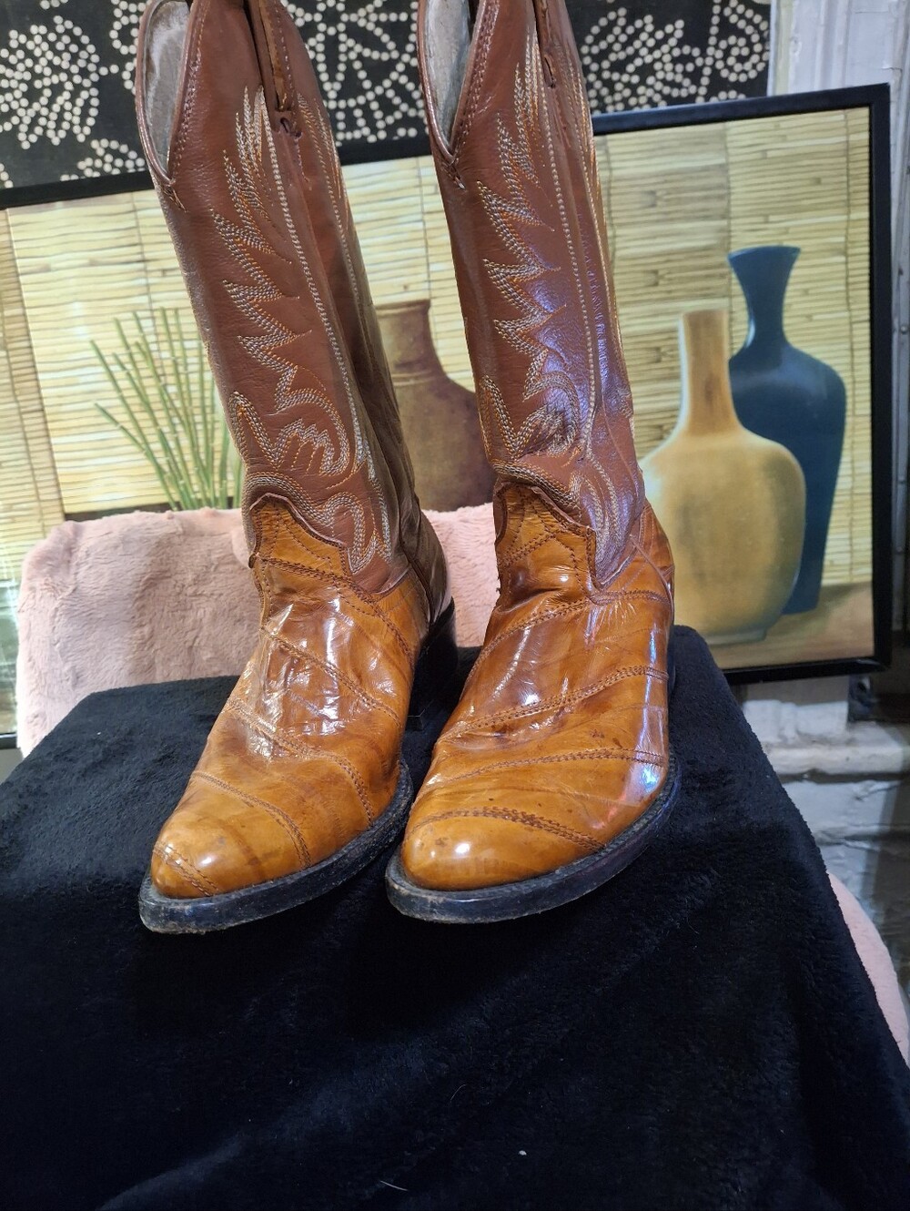 Men's Tan Leather Cowboy Boots - Western Stitch Detail